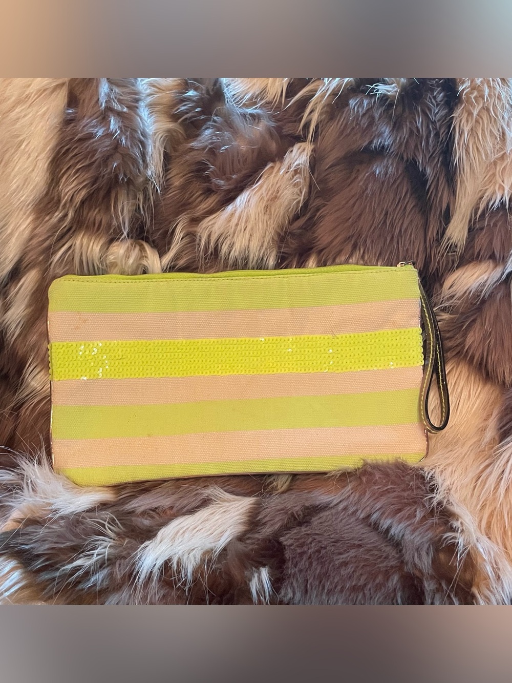 Striped yNeon Yellow sequin amd Linen Wristlet Clutch 11”x6”
